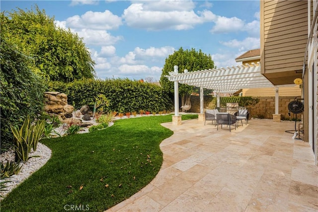 view of yard with an outdoor living space, a pergola, and a patio