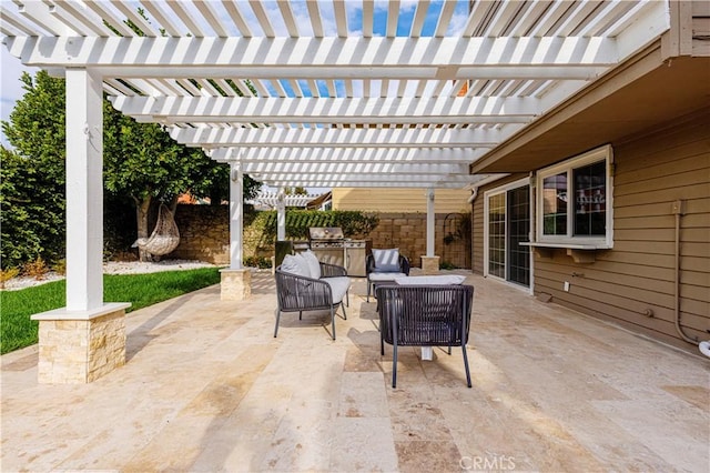 view of patio / terrace with an outdoor living space, a pergola, and area for grilling