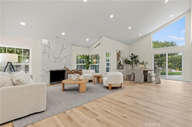 living room with high vaulted ceiling, plenty of natural light, light hardwood / wood-style flooring, and a premium fireplace