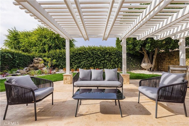 view of patio / terrace with an outdoor hangout area and a pergola