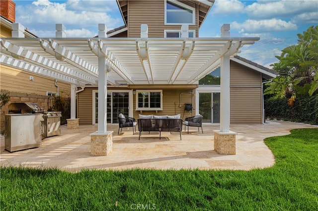 back of property featuring a patio area, outdoor lounge area, area for grilling, and a pergola