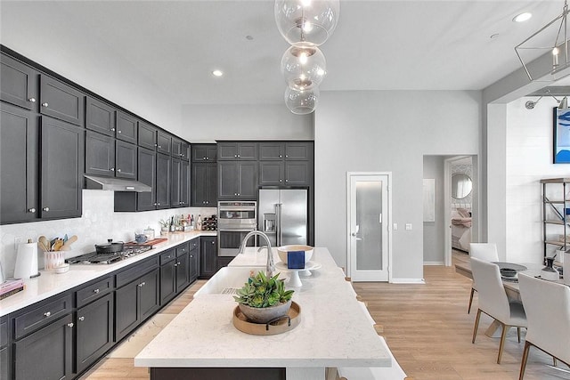 kitchen featuring backsplash, hanging light fixtures, a center island with sink, and stainless steel appliances