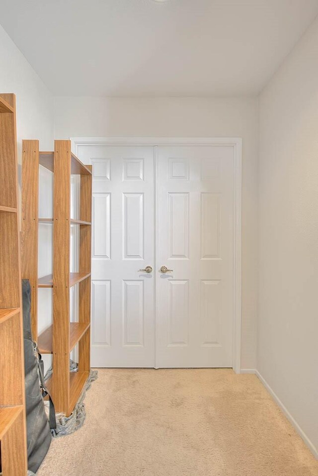 unfurnished bedroom featuring light colored carpet and a closet