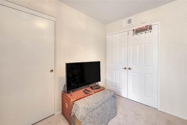 bedroom featuring light carpet and a closet