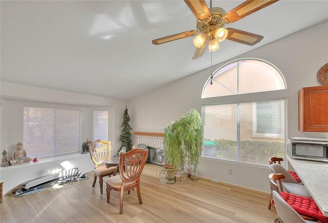 living area with light hardwood / wood-style floors, vaulted ceiling, and ceiling fan