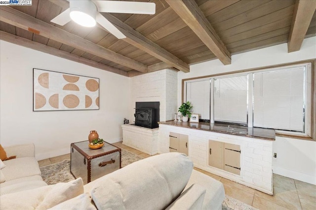 living room with wood ceiling, beam ceiling, a wood stove, and ceiling fan