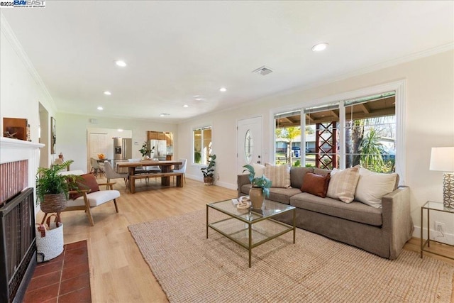 living room featuring light wood-type flooring and crown molding