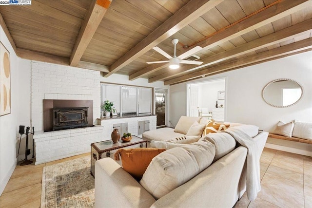 living room with ceiling fan, light tile patterned flooring, wood ceiling, and lofted ceiling with beams