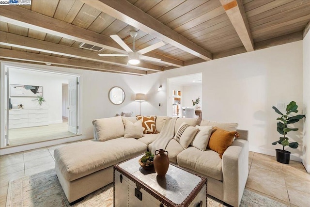 living room with ceiling fan, light tile patterned floors, beamed ceiling, and wooden ceiling