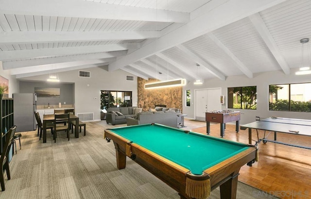 recreation room featuring parquet flooring, billiards, and lofted ceiling with beams