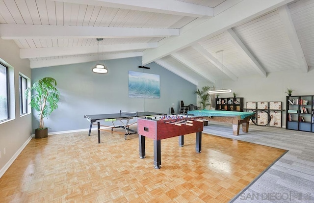 playroom with vaulted ceiling with beams and pool table