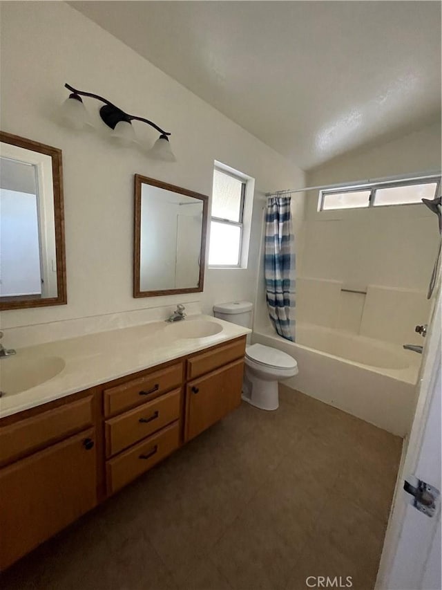 full bathroom with toilet, vanity, and shower / tub combo with curtain