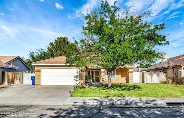 ranch-style house featuring a front lawn and a garage