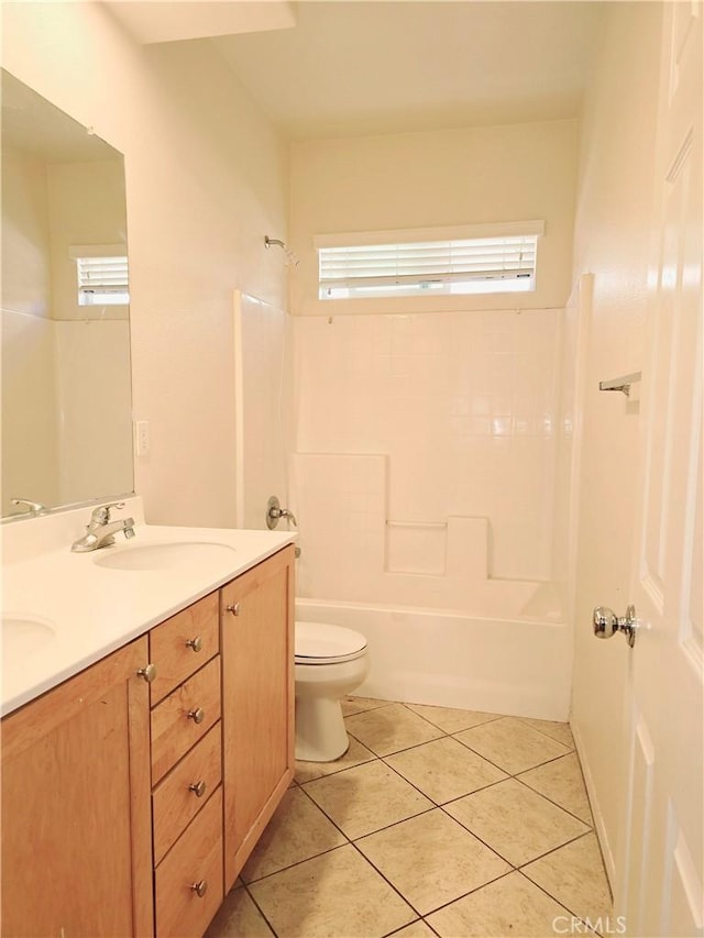 full bathroom with tile patterned flooring, shower / tub combination, toilet, and a healthy amount of sunlight