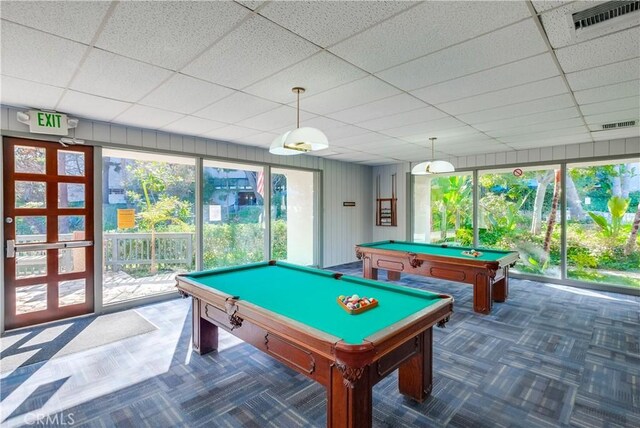 recreation room with a paneled ceiling, plenty of natural light, and billiards