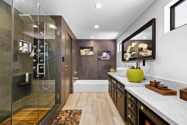 5455 Toyon Rd, San Diego, CA 92115 - full bath featuring a bath, a stall shower, vanity, wood finished floors, and recessed lighting