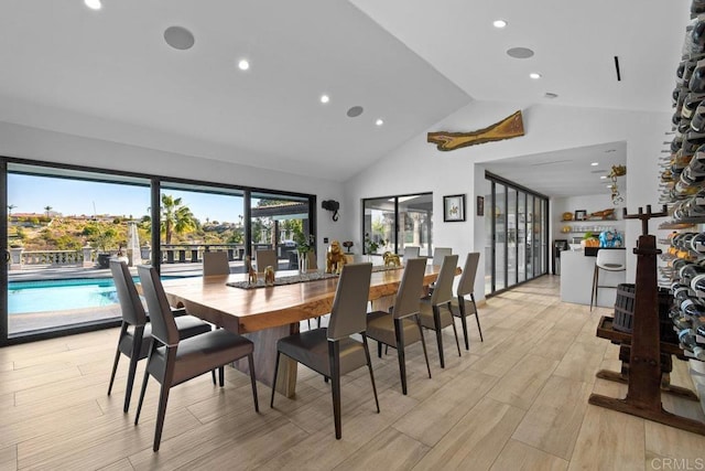 5455 Toyon Rd, San Diego, CA 92115 - dining area featuring high vaulted ceiling, light wood finished floors, and recessed lighting