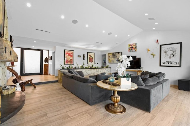 5455 Toyon Rd, San Diego, CA 92115 - living room featuring vaulted ceiling, light wood-style flooring, and recessed lighting