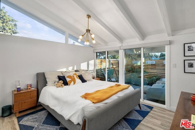 bedroom with lofted ceiling with beams, light hardwood / wood-style floors, access to outside, and a notable chandelier