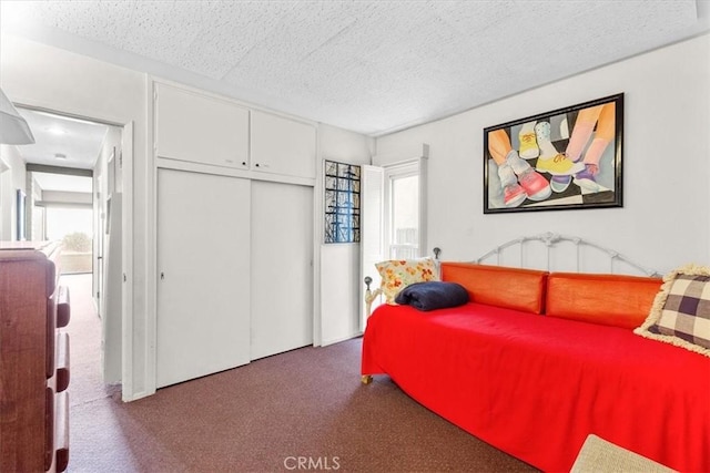 carpeted bedroom featuring multiple windows, a closet, and a textured ceiling