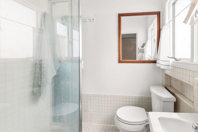 bathroom with a wealth of natural light, toilet, and a shower with door