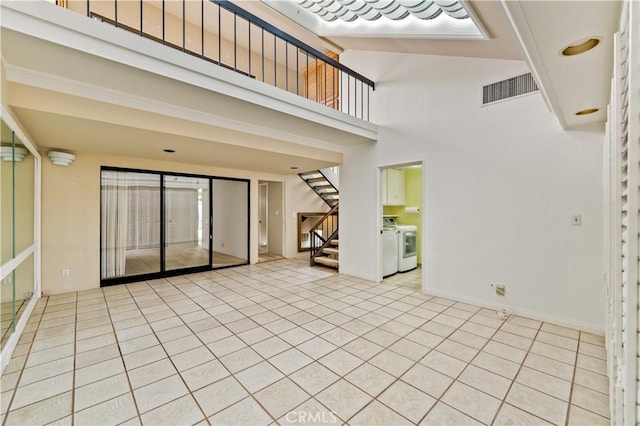 1510 W Oceanfront, Newport Beach, CA 92663 - interior space featuring visible vents, stairs, and light tile patterned flooring