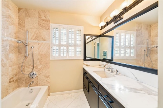 1510 W Oceanfront, Newport Beach, CA 92663 - bathroom with shower / washtub combination, vanity, baseboards, and a wealth of natural light