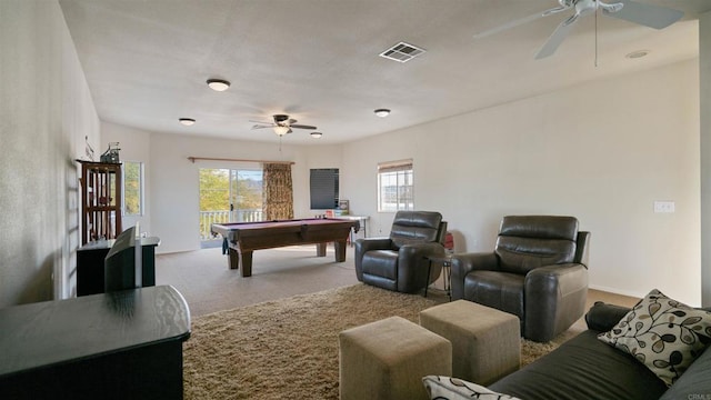 game room with light colored carpet and billiards