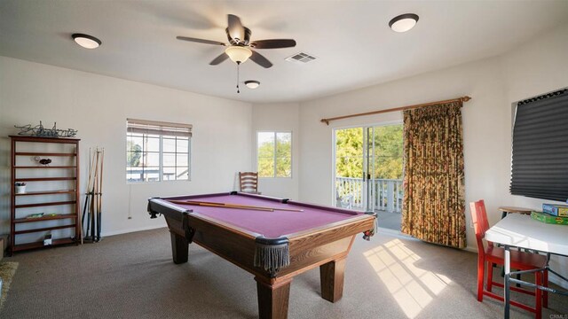 rec room featuring ceiling fan, pool table, and carpet flooring