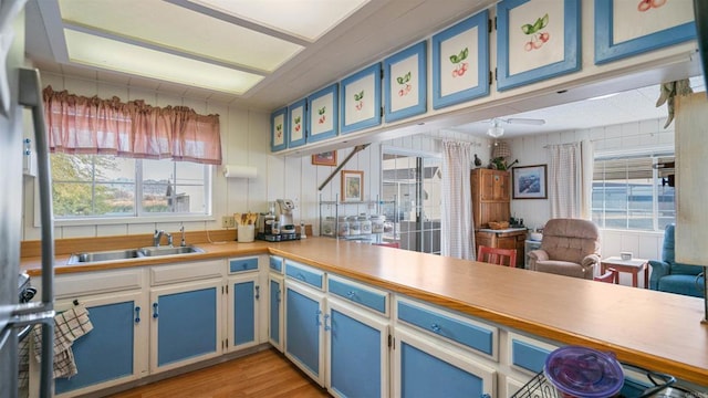 kitchen featuring blue cabinets, sink, and light hardwood / wood-style flooring