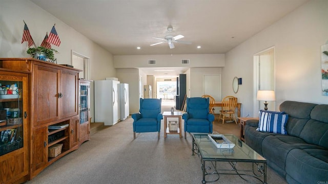 2564 Walters Camp Rd, Winterhaven, CA 92283 - living room with light colored carpet, a ceiling fan, and recessed lighting