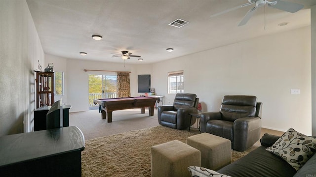 2564 Walters Camp Rd, Winterhaven, CA 92283 - rec room with a ceiling fan, billiards, and carpet floors