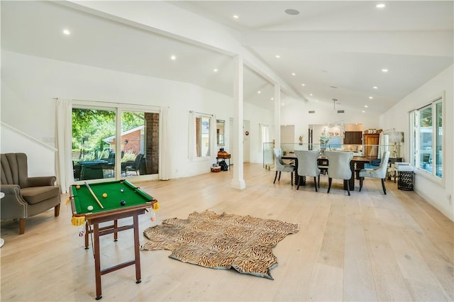 game room featuring beamed ceiling, high vaulted ceiling, pool table, and light wood-type flooring