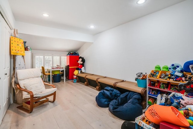 recreation room featuring recessed lighting and light wood-type flooring