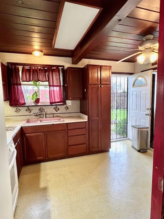 kitchen featuring tasteful backsplash, sink, wooden ceiling, and range