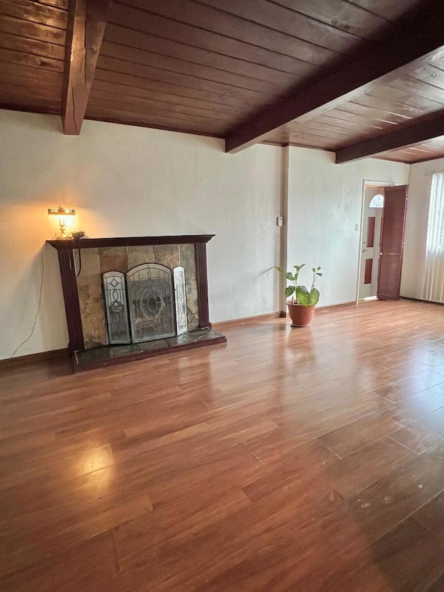 unfurnished living room with wood ceiling, wood-type flooring, and beamed ceiling