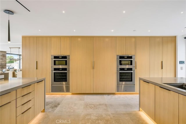 433 Harbor Island Dr, Newport Beach, CA 92660 - kitchen featuring light brown cabinets, modern cabinets, a warming drawer, and stainless steel double oven