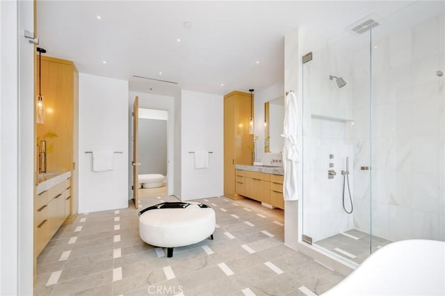 433 Harbor Island Dr, Newport Beach, CA 92660 - full bath featuring a shower stall, vanity, a freestanding bath, and tile patterned floors