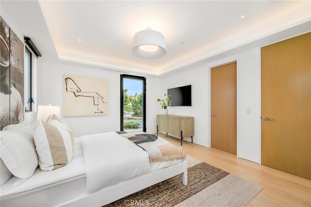 bedroom with hardwood / wood-style flooring, a raised ceiling, and multiple windows