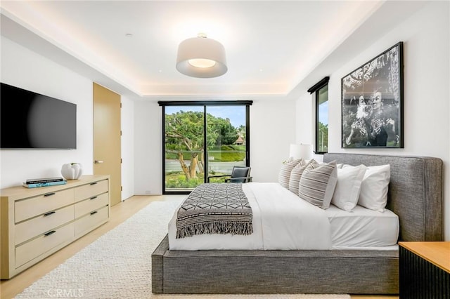 bedroom featuring light hardwood / wood-style floors and a tray ceiling