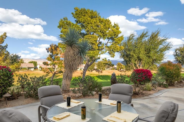 view of patio with a mountain view