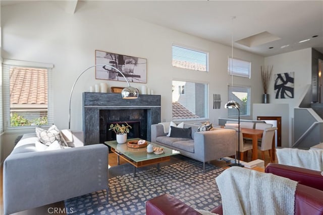 living room with a premium fireplace and a high ceiling