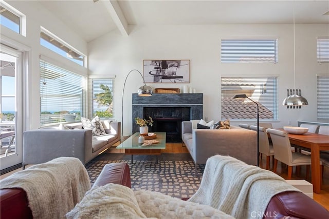 living room with beam ceiling, a wealth of natural light, high vaulted ceiling, and a premium fireplace