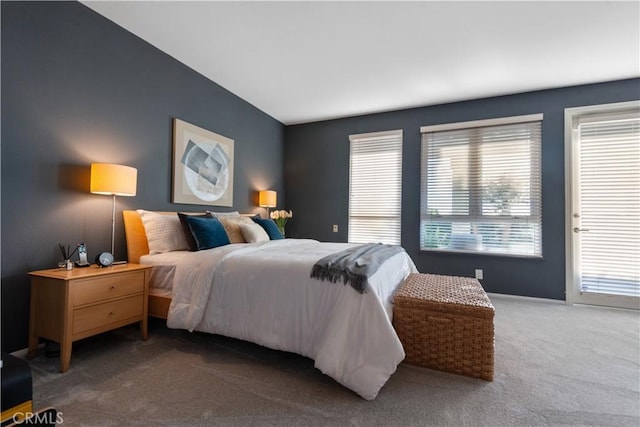 bedroom featuring dark colored carpet