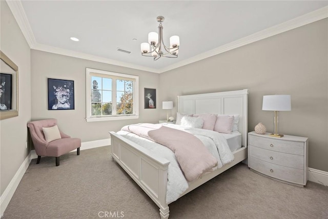 carpeted bedroom featuring an inviting chandelier and crown molding