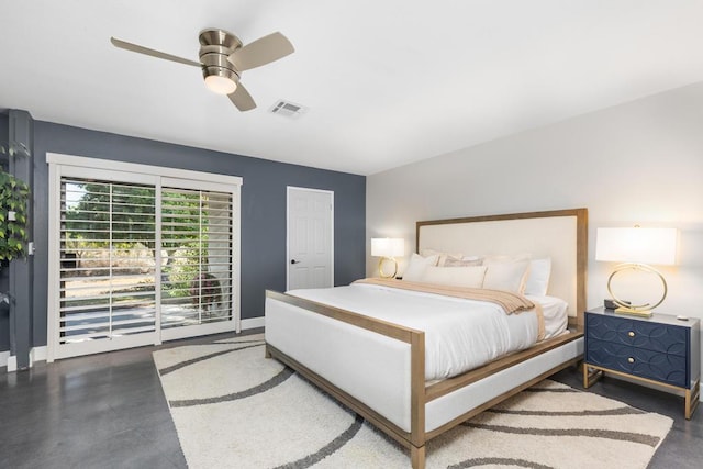 bedroom featuring access to outside and ceiling fan