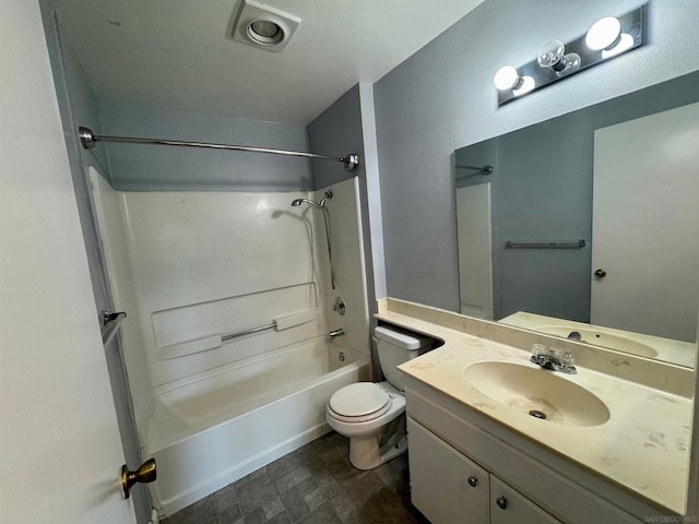 full bathroom with toilet, vanity, and shower / tub combination