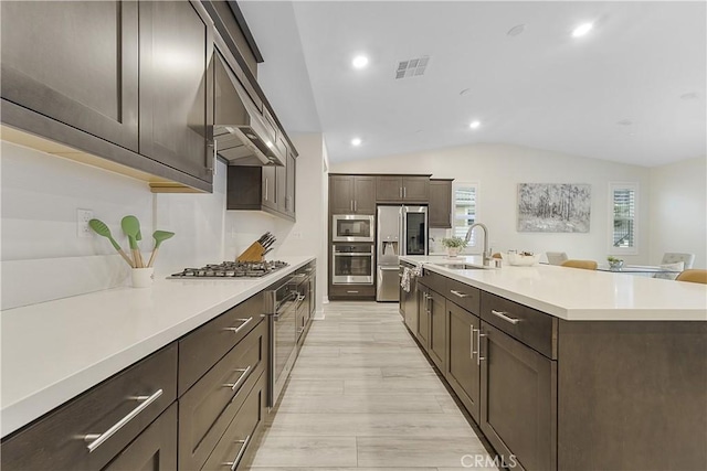 kitchen with lofted ceiling, sink, appliances with stainless steel finishes, light hardwood / wood-style floors, and an island with sink