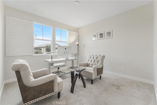 living area featuring light carpet