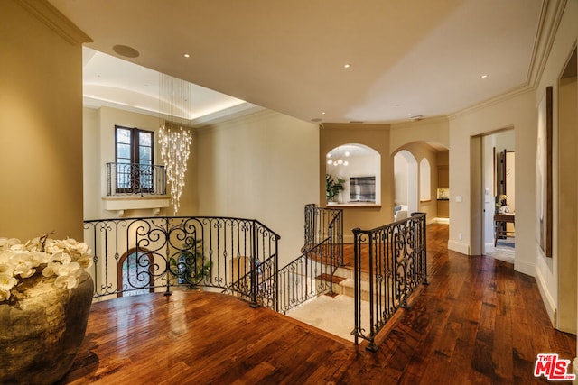 corridor featuring an inviting chandelier, crown molding, and dark hardwood / wood-style floors